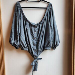 RUE+ Gray/Green Wide Scoop Neck Cropped Tie Plus Size Blouse Size 4X